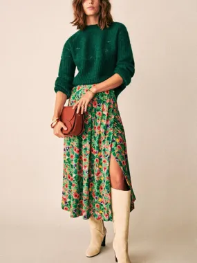 Jupe longue fleurie plissée verte pour femme | Tendance Fleurie